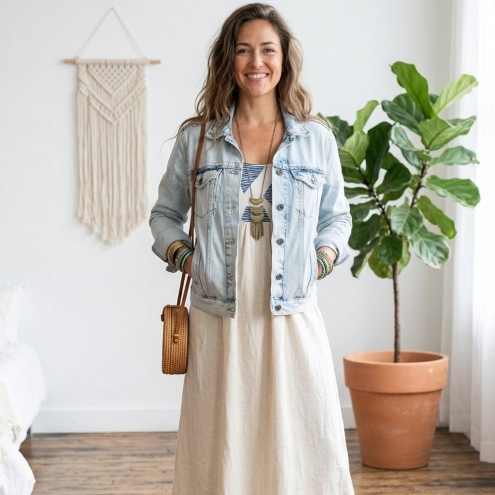 True Craft Light Wash Denim Jacket Boho Minimalist Cotton